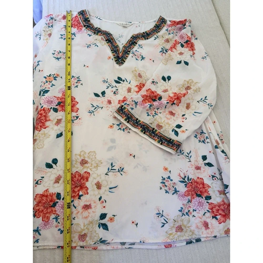 Linda Anderson Women XXL Floral Boho Peasant Blouse White Rayon Embroidered Top - Picture 8 of 16